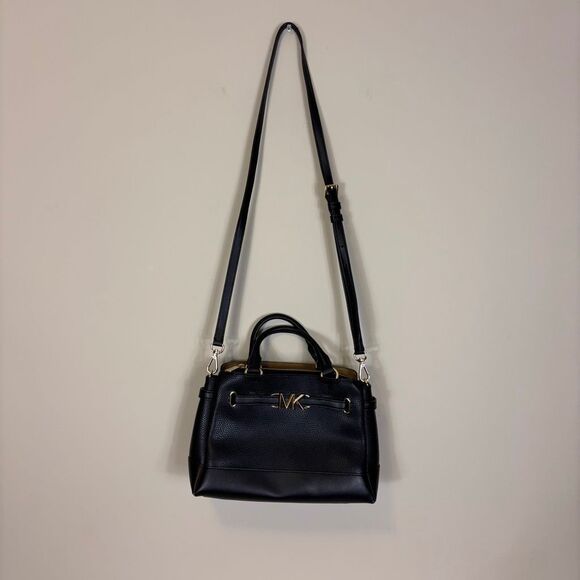 Michael Kors Black Leather Reed Center Logo MK Satchel Purse - Picture 1 of 13